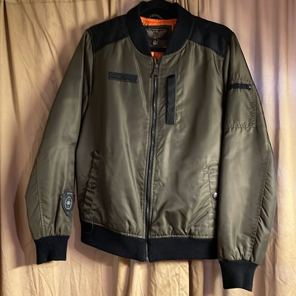 Urban Republic 18/20 Young Men’s Flight Jacket Green/Orange/Black Full Zip Pockt